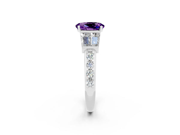 Platinum Oval Cut Amethyst Engagement Ring with Baguette Side Stones and Channel Set Band