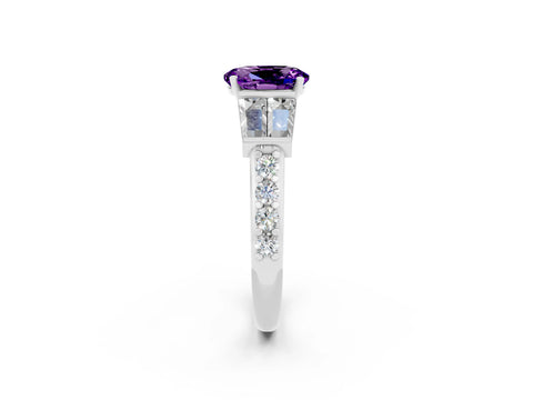 White gold Oval Cut Amethyst Engagement Ring with Baguette Side Stones and Channel Set Band_2