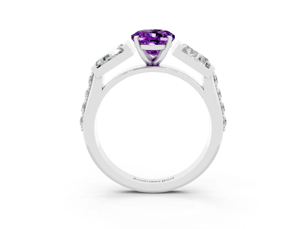 Platinum Oval Cut Amethyst Engagement Ring with Baguette Side Stones and Channel Set Band