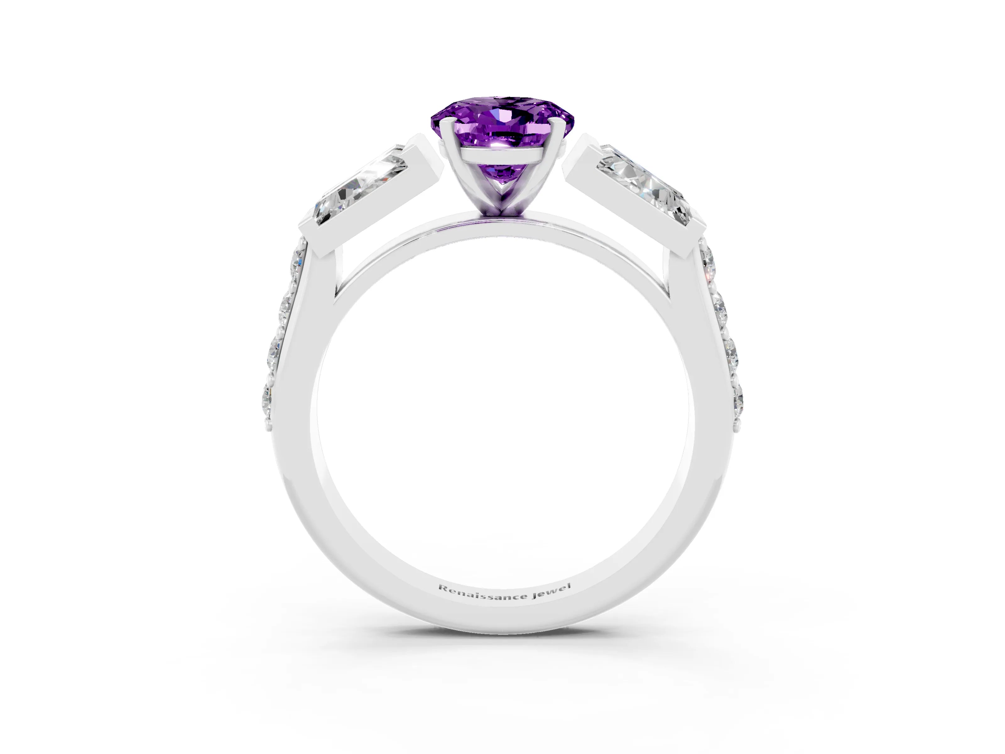 White gold Oval Cut Amethyst Engagement Ring with Baguette Side Stones and Channel Set Band_3