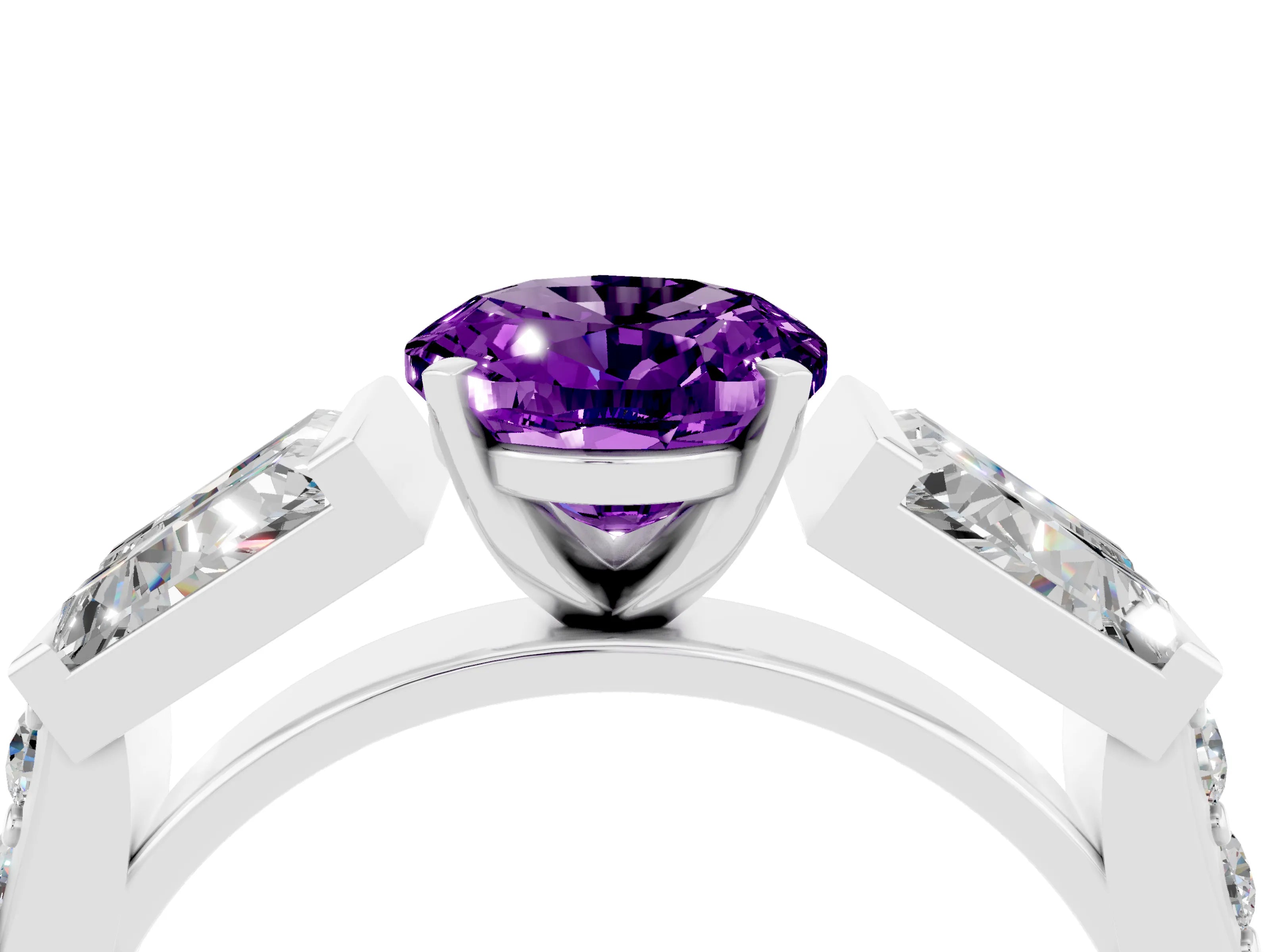 White gold Oval Cut Amethyst Engagement Ring with Baguette Side Stones and Channel Set Band_4