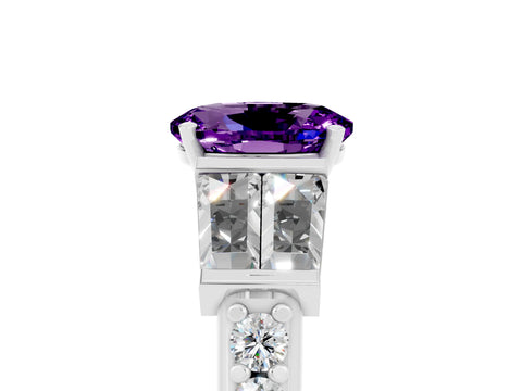 White gold Oval Cut Amethyst Engagement Ring with Baguette Side Stones and Channel Set Band_5