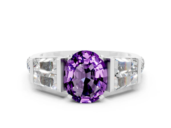 White gold Oval Cut Amethyst Engagement Ring with Baguette Side Stones and Channel Set Band