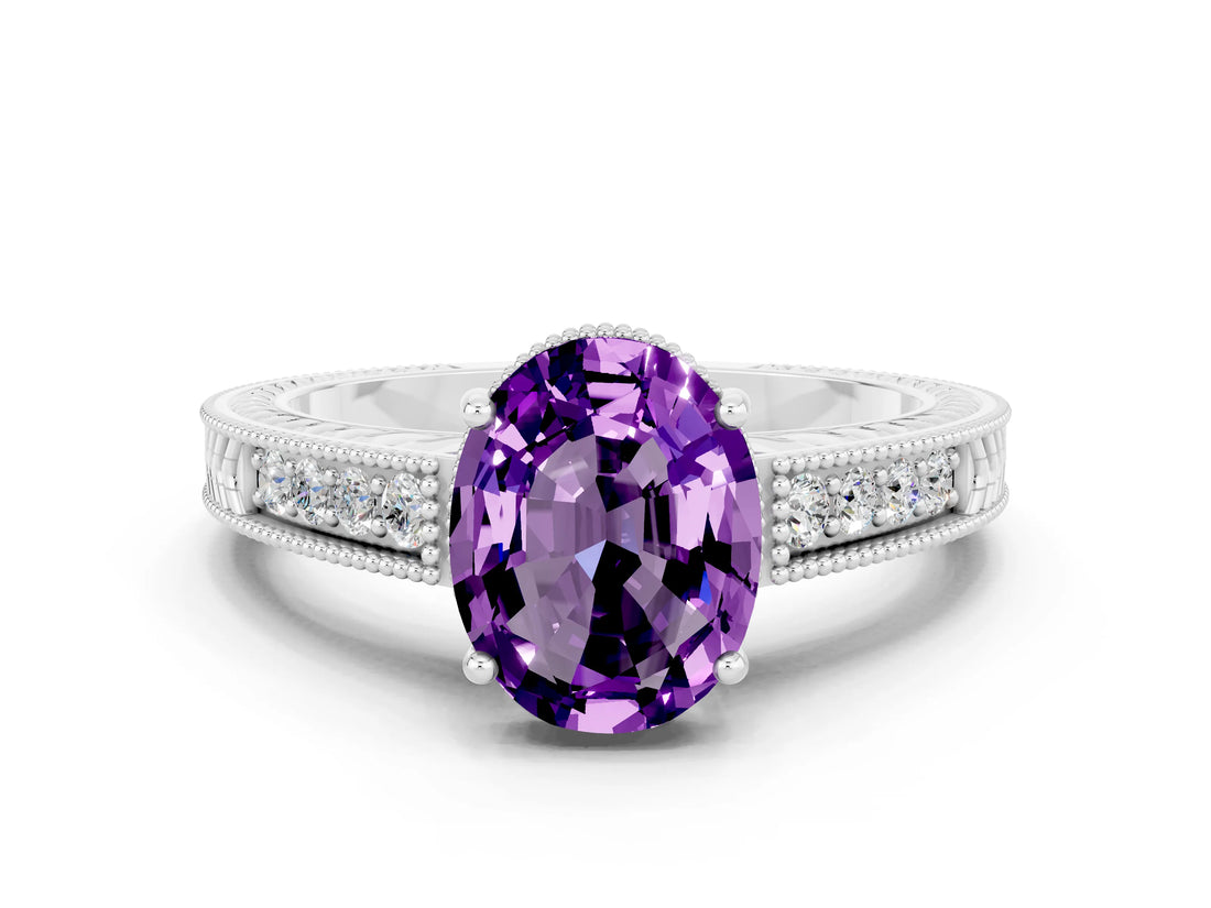 White gold Oval Cut Amethyst Engagement Ring with Milgrain Channel Set Band and Prong Setting