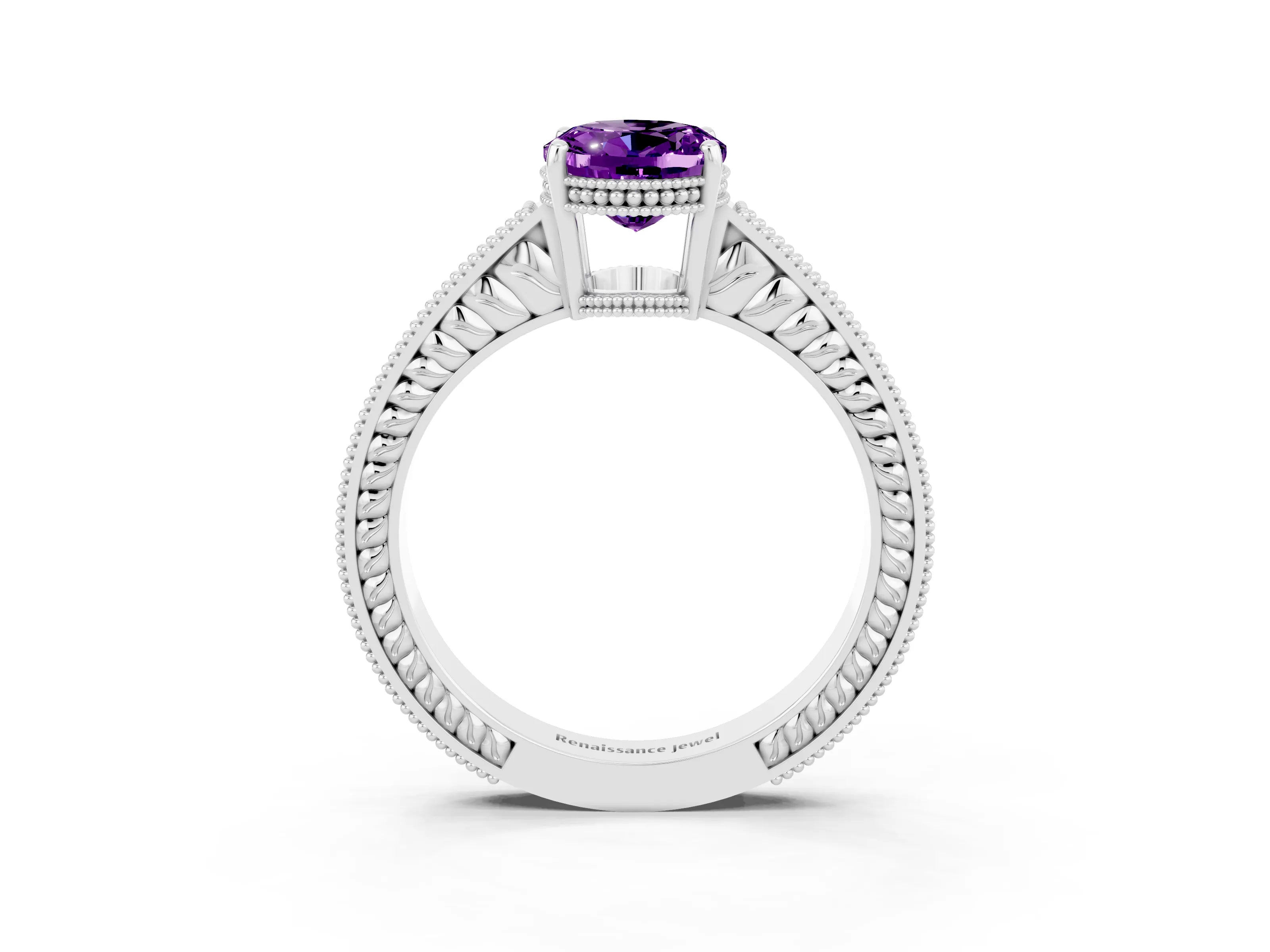 White gold Oval Cut Amethyst Engagement Ring with Milgrain Channel Set Band and Prong Setting_3