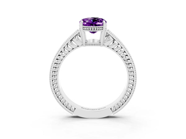 Silver Oval Cut Amethyst Engagement Ring with Milgrain Channel Set Band and Prong Setting