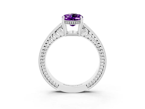 White gold Oval Cut Amethyst Engagement Ring with Milgrain Channel Set Band and Prong Setting_3