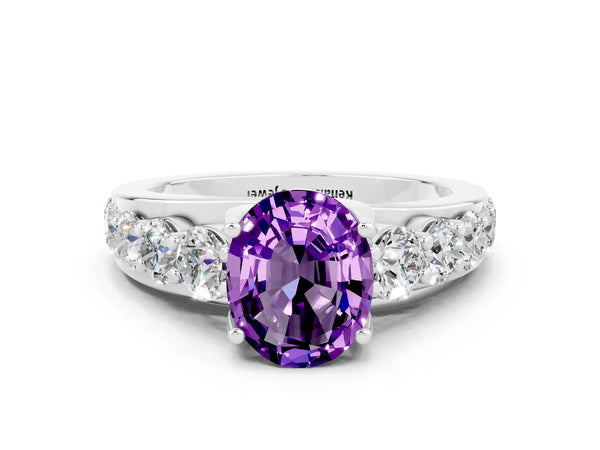 Platinum Oval Cut Amethyst Engagement Ring with Pavé Band and Four-Prong Setting