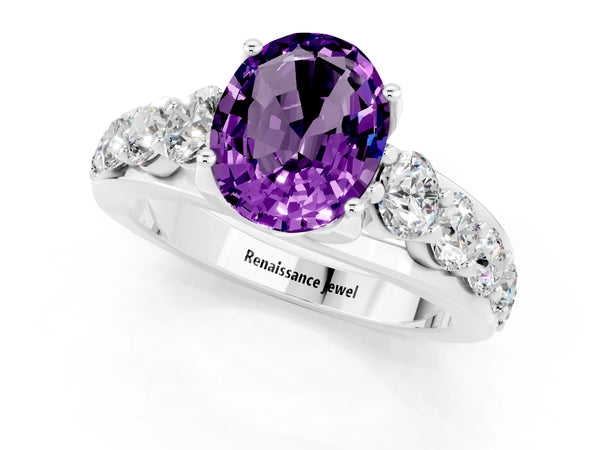 White gold Oval Cut Amethyst Engagement Ring with Pavé Band and Four-Prong Setting