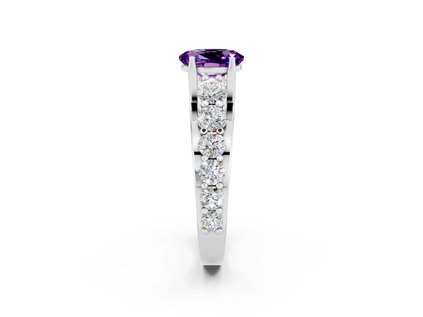Silver Oval Cut Amethyst Engagement Ring with Pavé Band and Four-Prong Setting