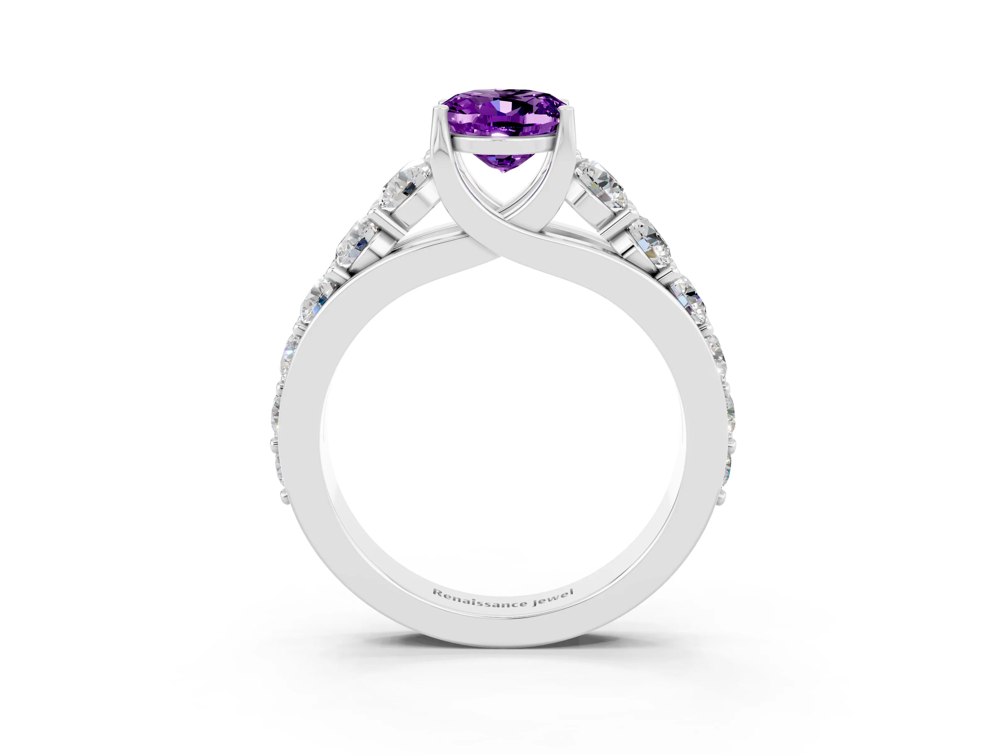 White gold Oval Cut Amethyst Engagement Ring with Pavé Band and Four-Prong Setting_3