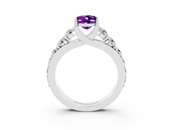 Platinum Oval Cut Amethyst Engagement Ring with Pavé Band and Four-Prong Setting