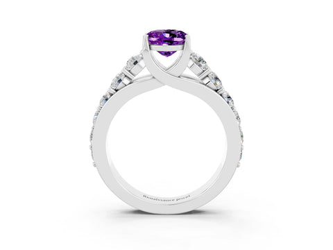 White gold Oval Cut Amethyst Engagement Ring with Pavé Band and Four-Prong Setting_3