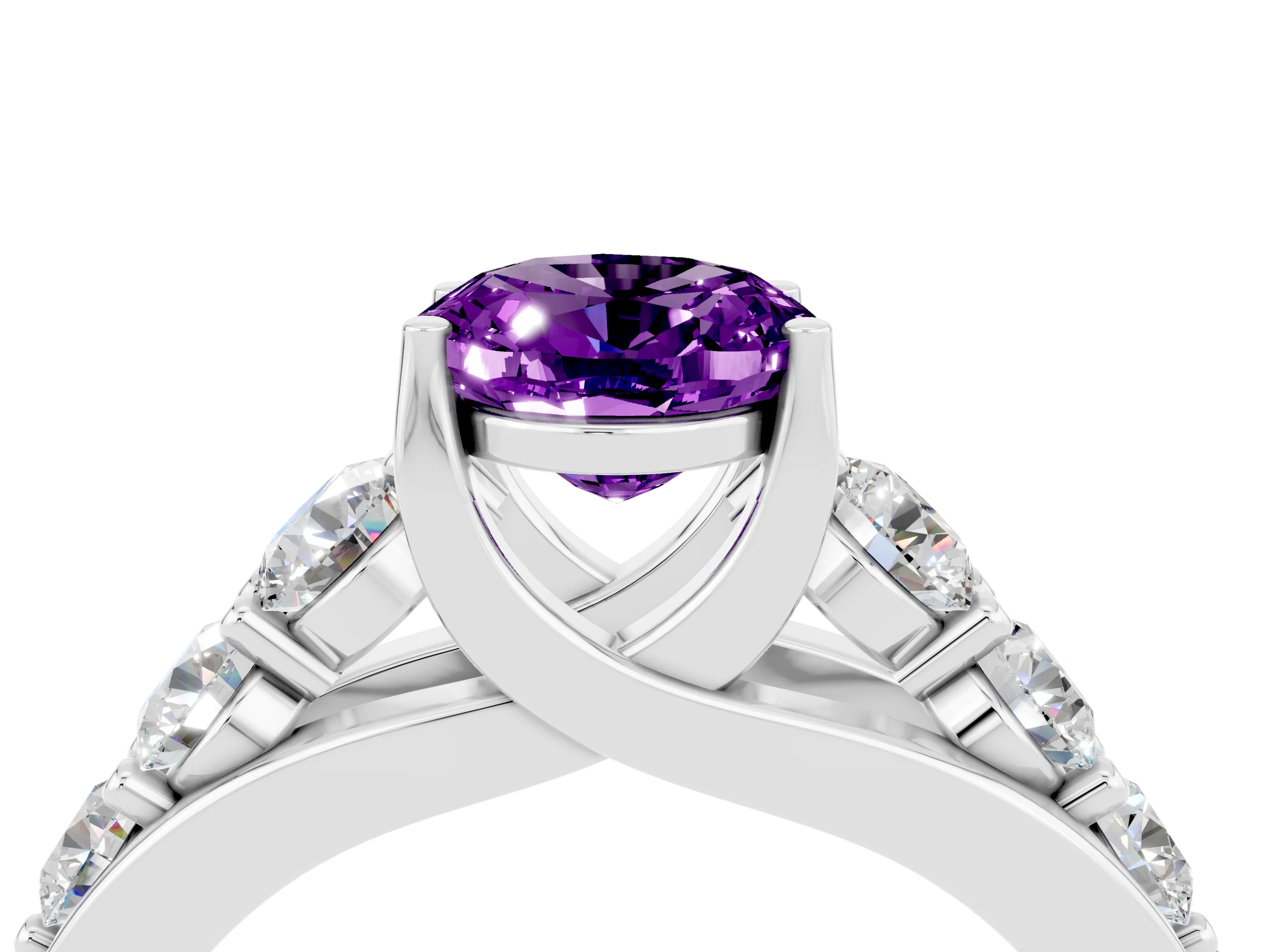 White gold Oval Cut Amethyst Engagement Ring with Pavé Band and Four-Prong Setting_4