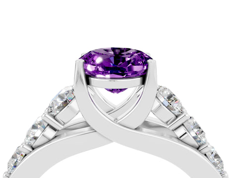 White gold Oval Cut Amethyst Engagement Ring with Pavé Band and Four-Prong Setting_4