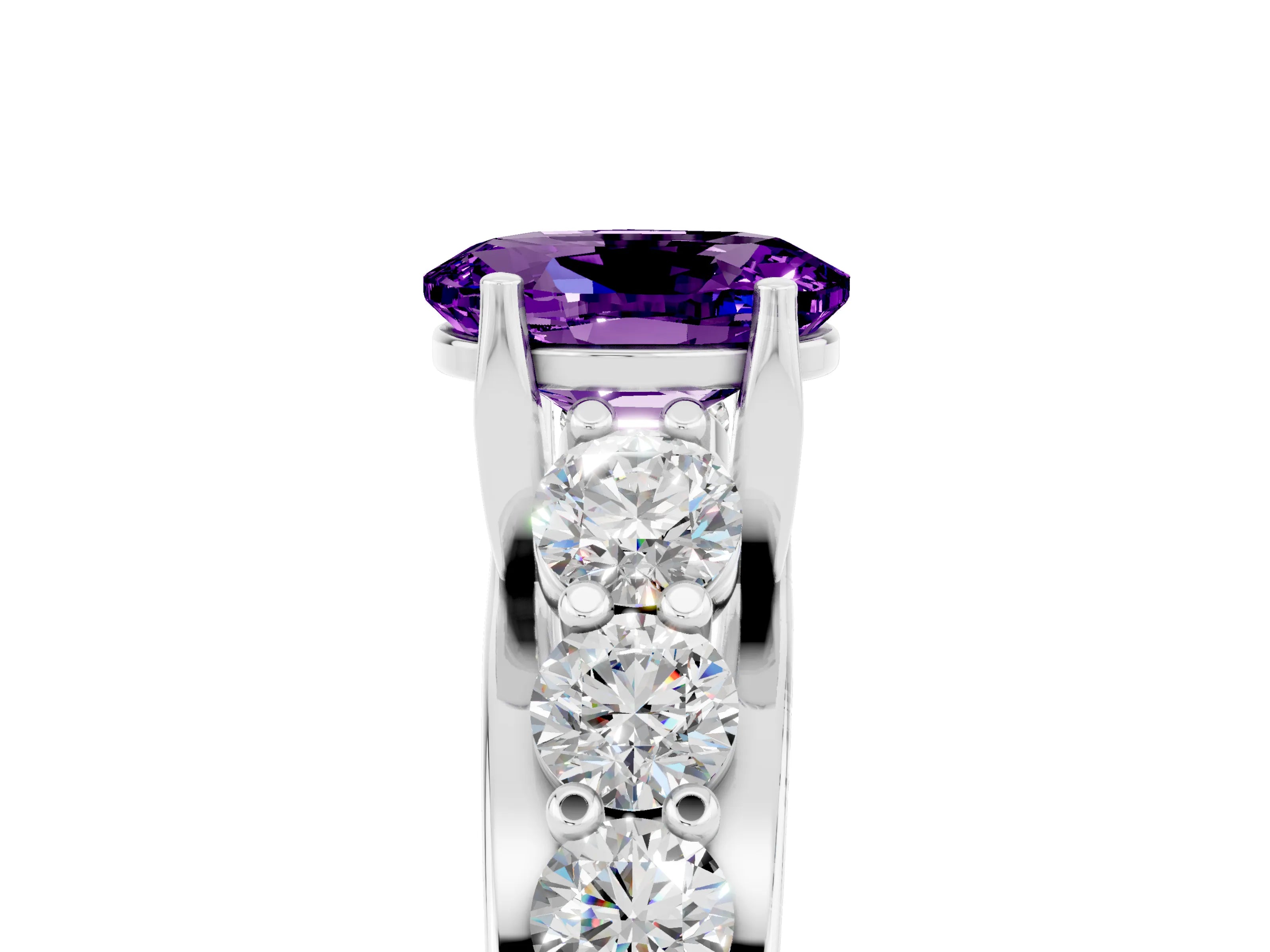 White gold Oval Cut Amethyst Engagement Ring with Pavé Band and Four-Prong Setting_5