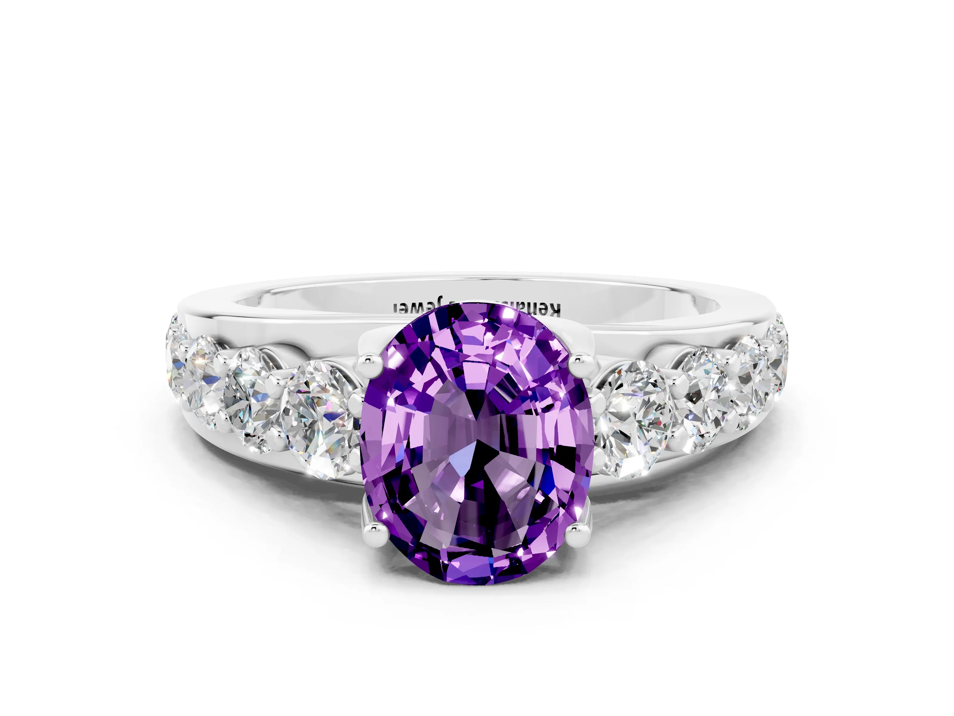 White gold Oval Cut Amethyst Engagement Ring with Pavé Band and Four-Prong Setting