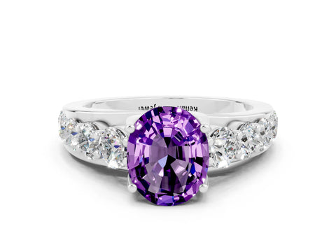 White gold Oval Cut Amethyst Engagement Ring with Pavé Band and Four-Prong Setting