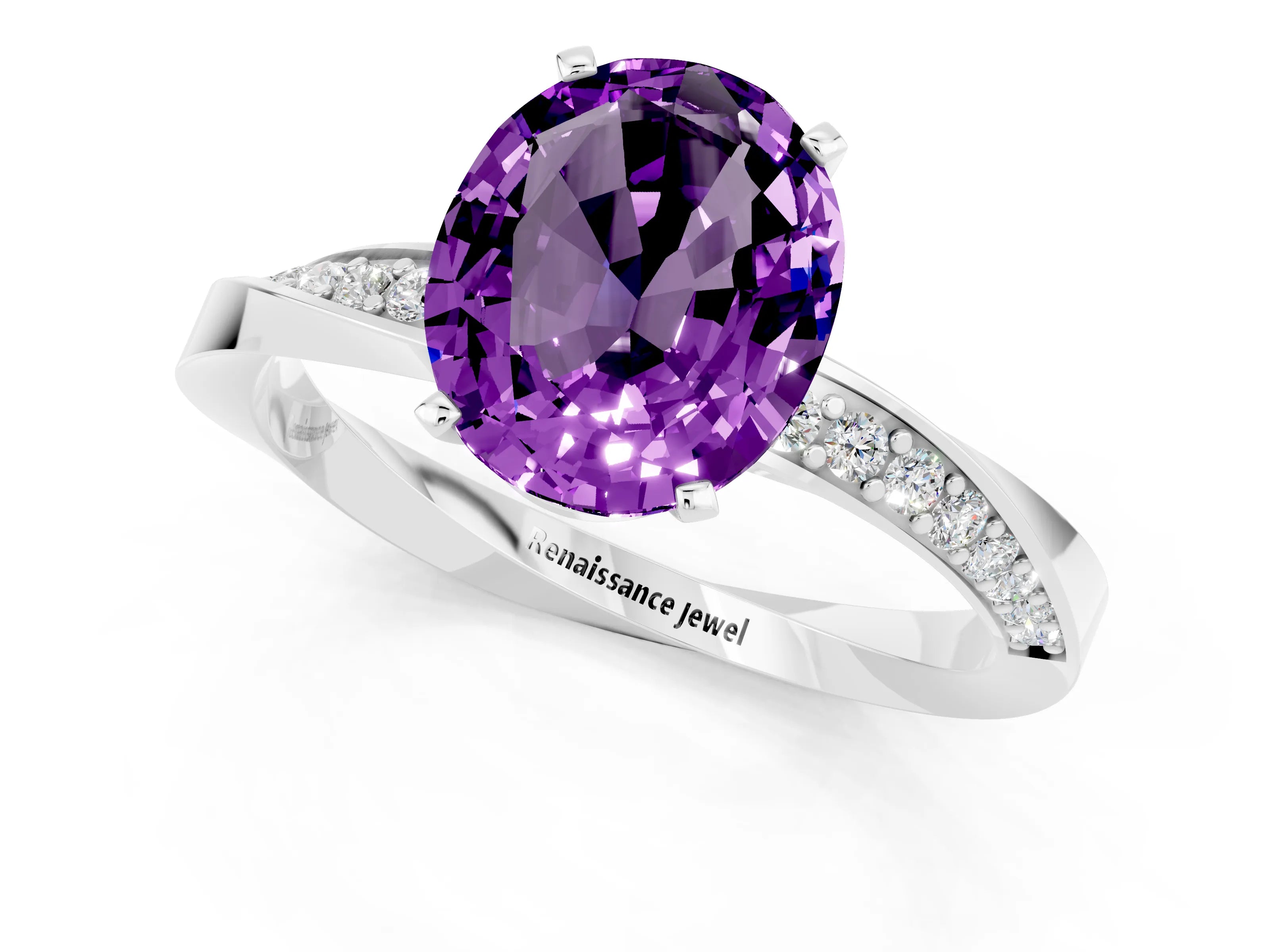 White gold Oval Cut Amethyst Engagement Ring with Side Stone Accents and Four-Prong Setting_28