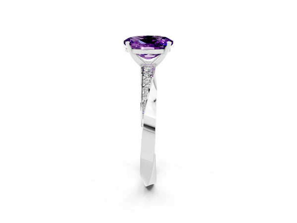 Silver Oval Cut Amethyst Engagement Ring with Side Stone Accents and Four-Prong Setting