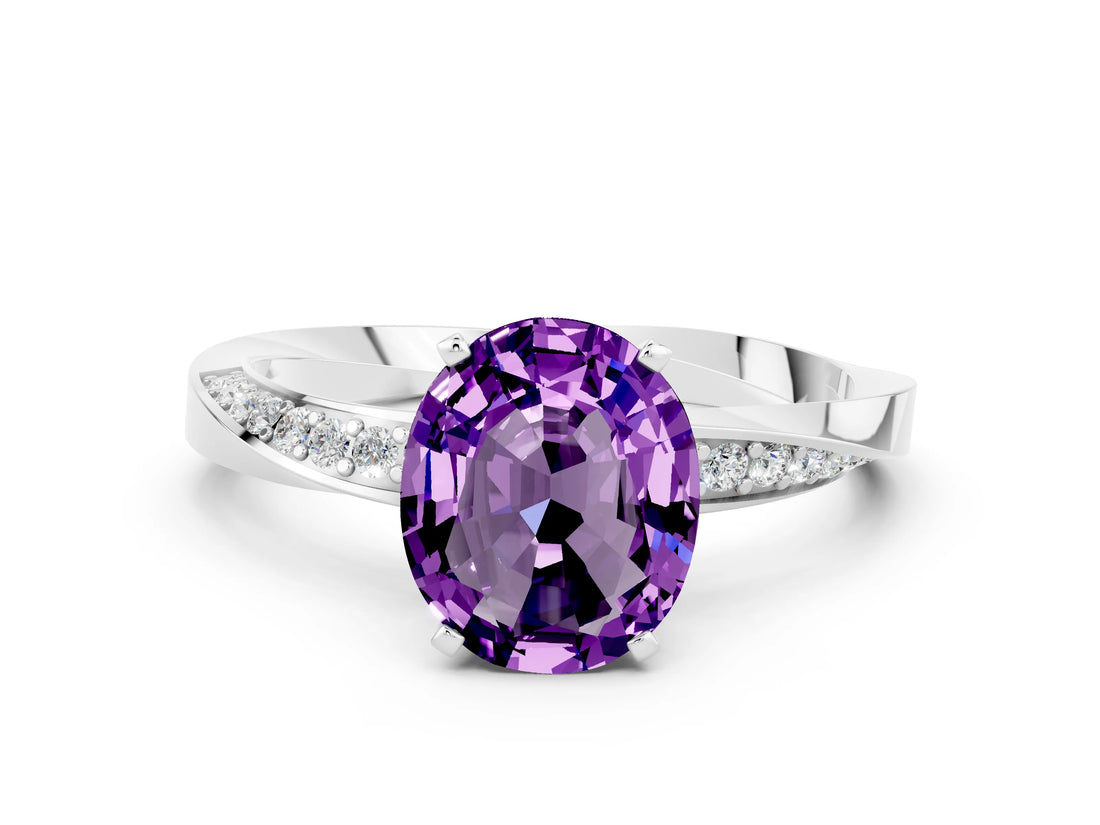 White gold Oval Cut Amethyst Engagement Ring with Side Stone Accents and Four-Prong Setting_84