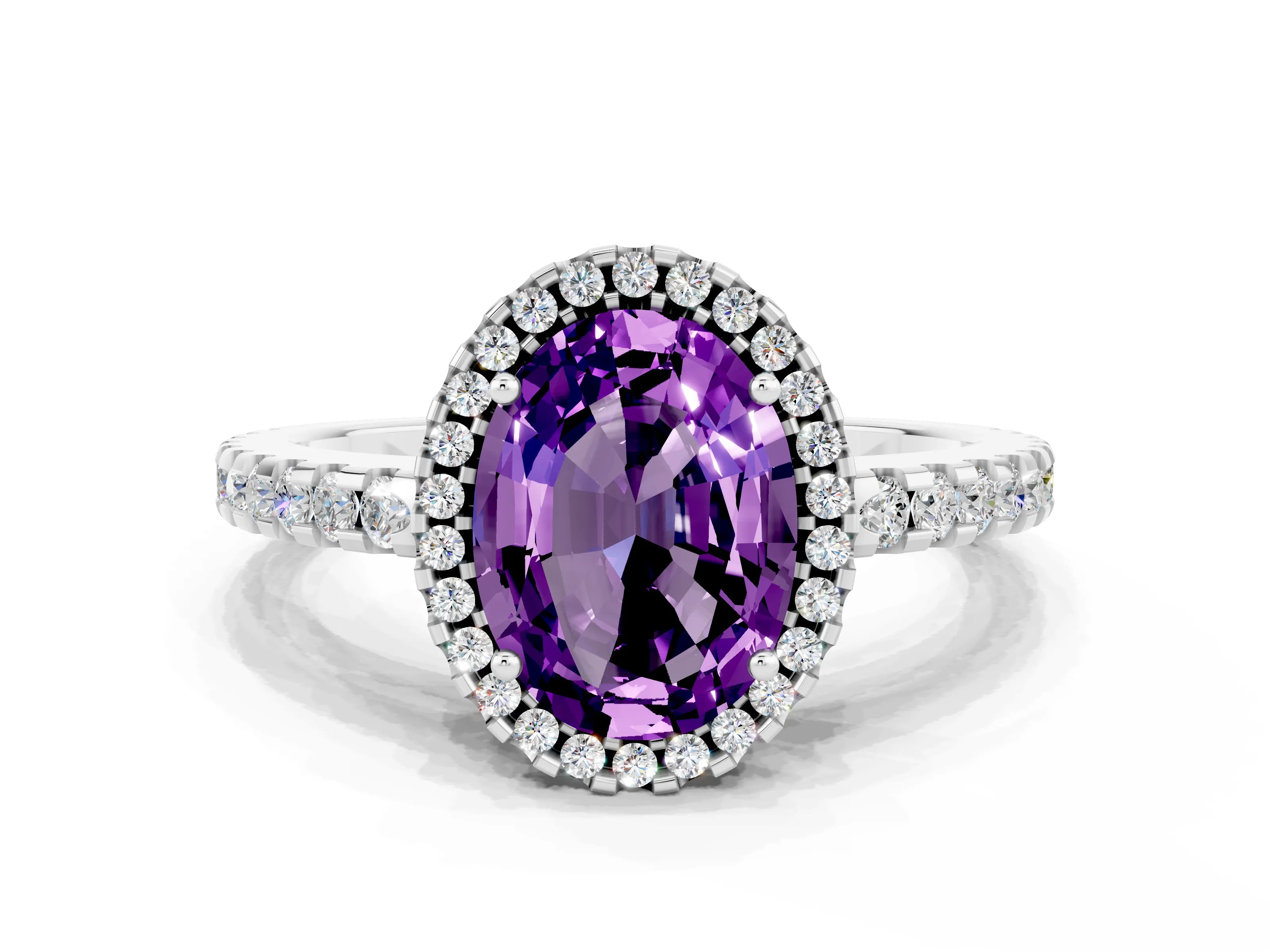 White gold Oval Cut Amethyst Halo Engagement Ring with Pavé Band and Prong Setting_12