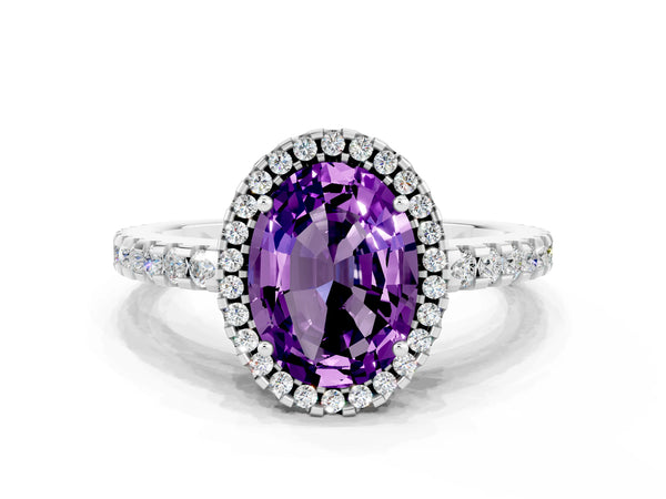White gold Oval Cut Amethyst Halo Engagement Ring with Pavé Band and Prong Setting