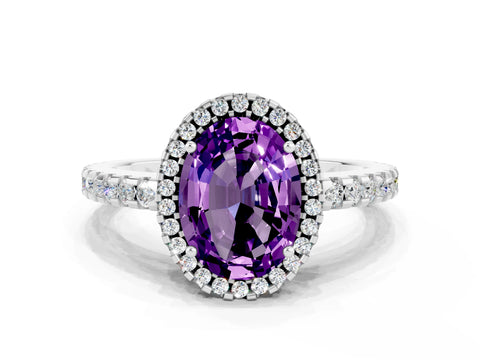 White gold Oval Cut Amethyst Halo Engagement Ring with Pavé Band and Prong Setting_12