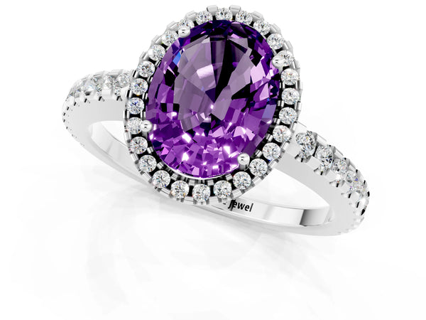 Platinum Oval Cut Amethyst Halo Engagement Ring with Pavé Band and Prong Setting