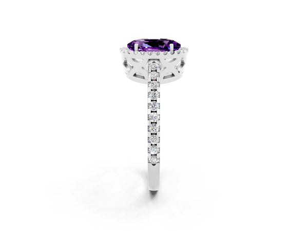White gold Oval Cut Amethyst Halo Engagement Ring with Pavé Band and Prong Setting