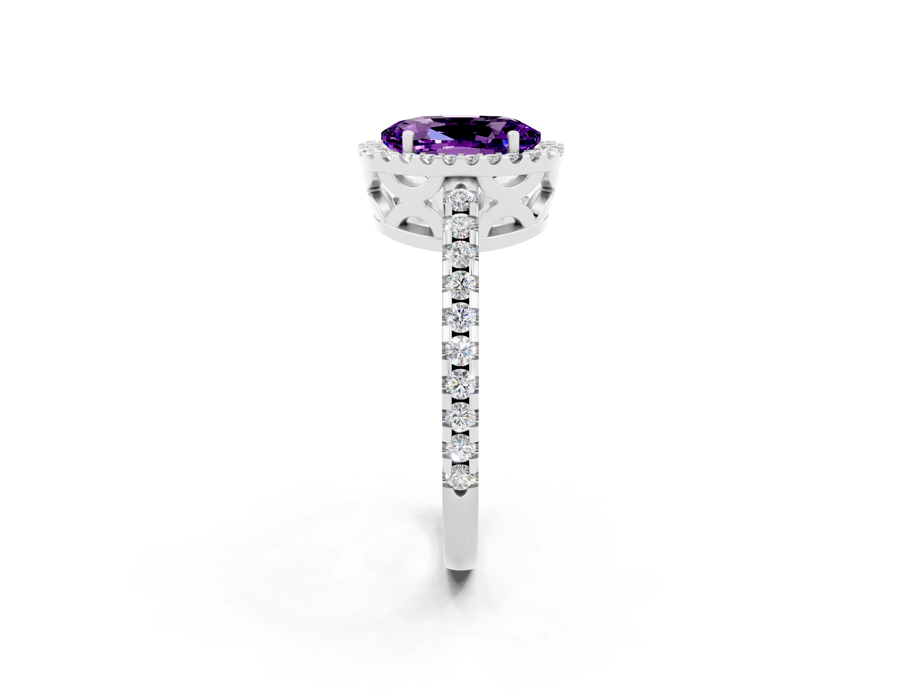 White gold Oval Cut Amethyst Halo Engagement Ring with Pavé Band and Prong Setting_14