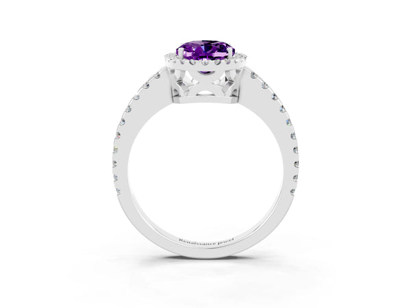 Platinum Oval Cut Amethyst Halo Engagement Ring with Pavé Band and Prong Setting