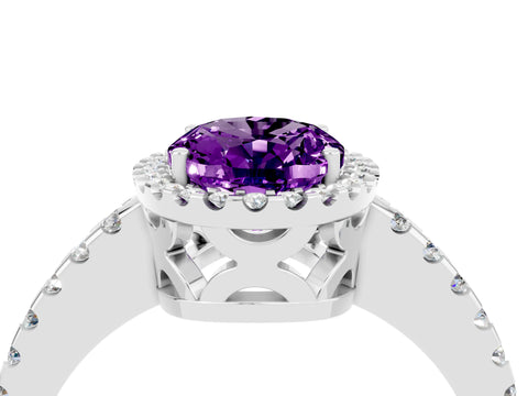 White gold Oval Cut Amethyst Halo Engagement Ring with Pavé Band and Prong Setting_16