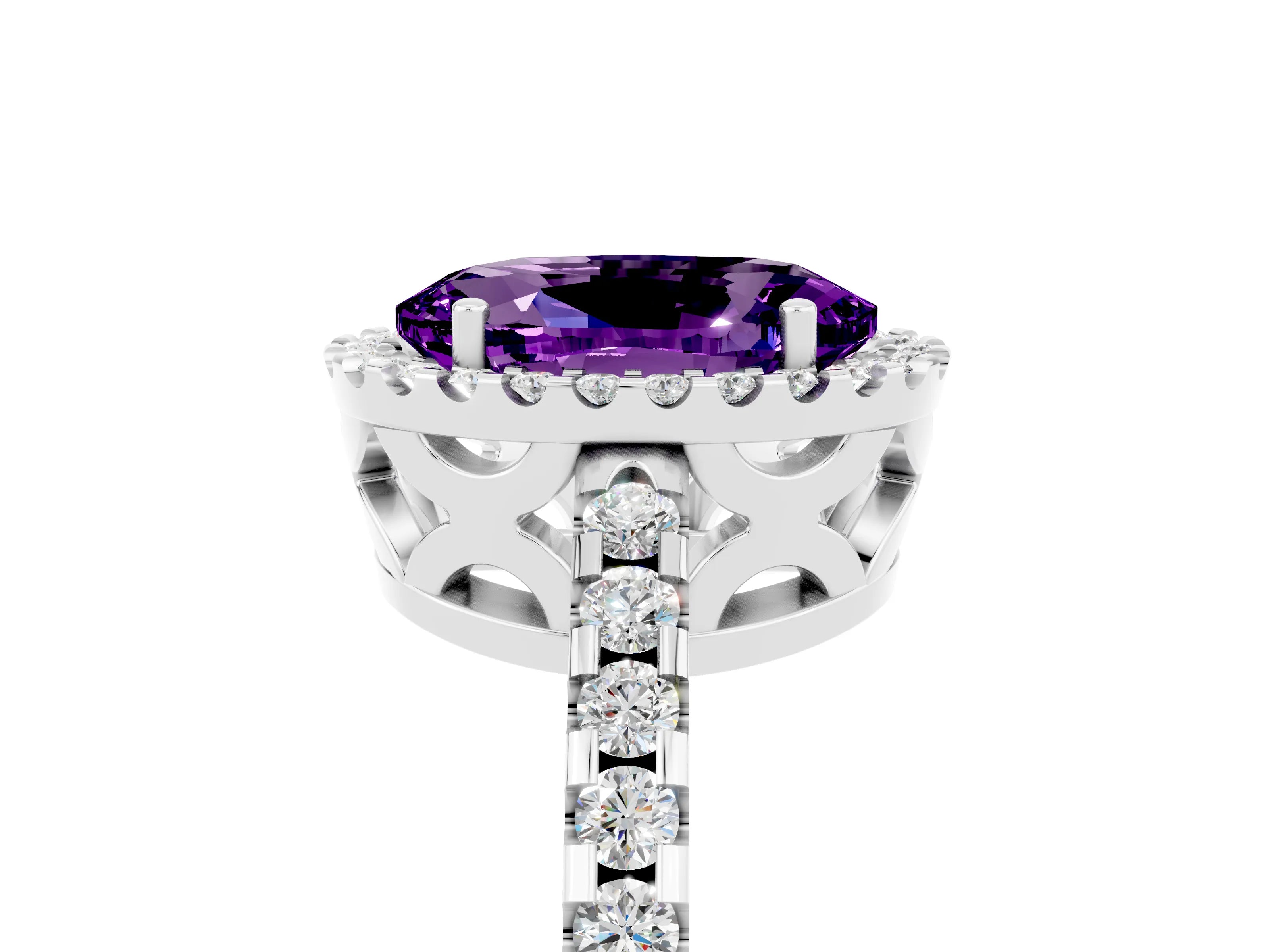 White gold Oval Cut Amethyst Halo Engagement Ring with Pavé Band and Prong Setting_17