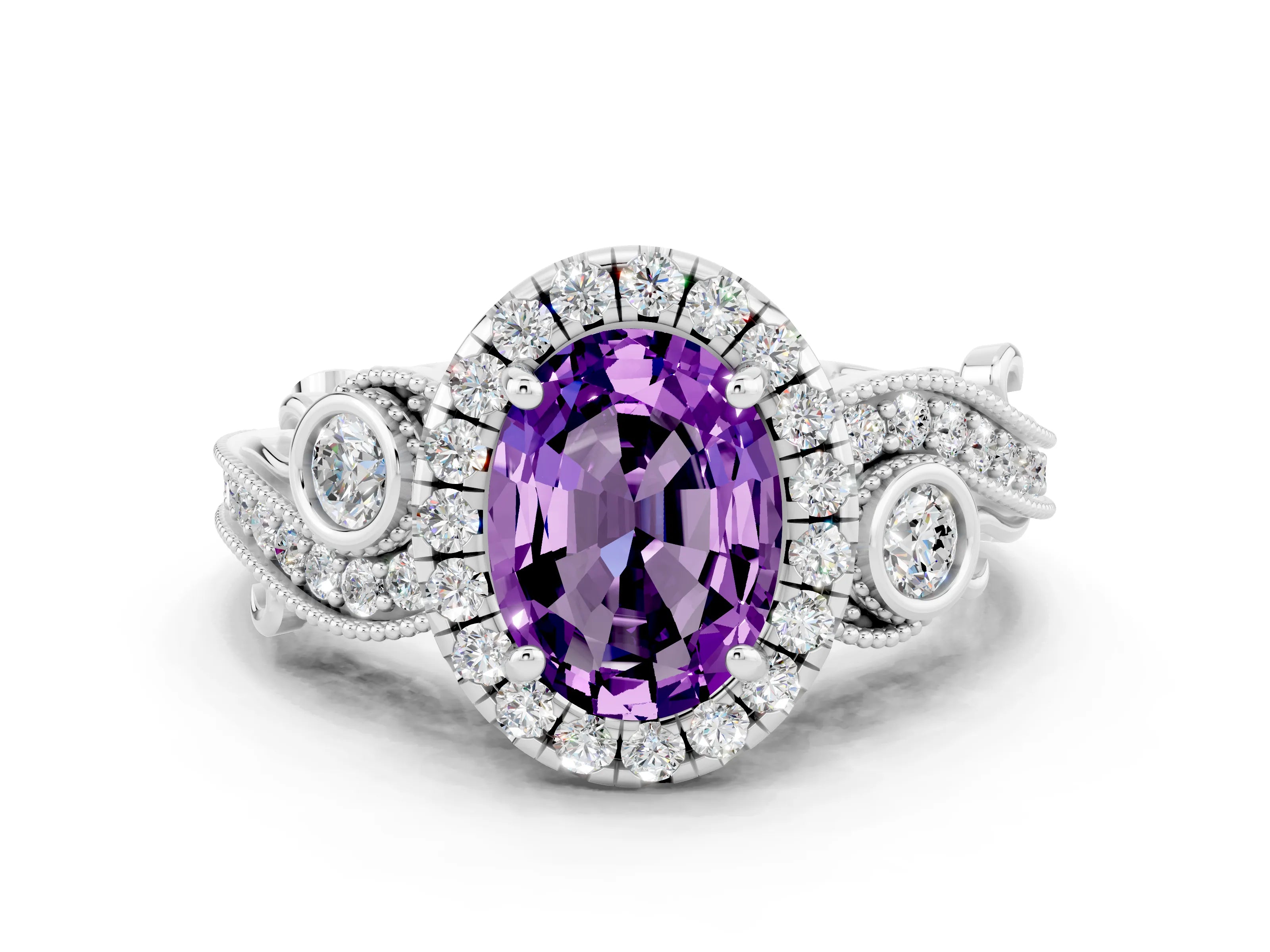 White gold Oval Cut Amethyst Halo Ring with Milgrain Pavé Band and Four-Prong Setting_12
