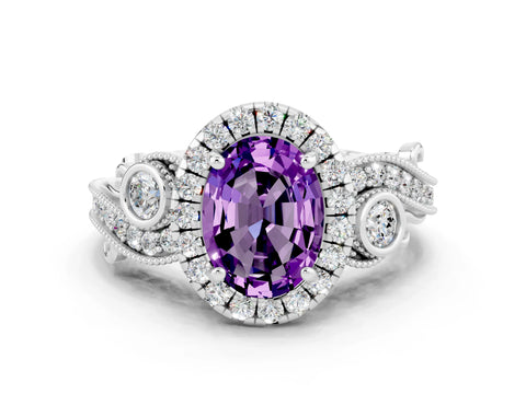 White gold Oval Cut Amethyst Halo Ring with Milgrain Pavé Band and Four-Prong Setting_12