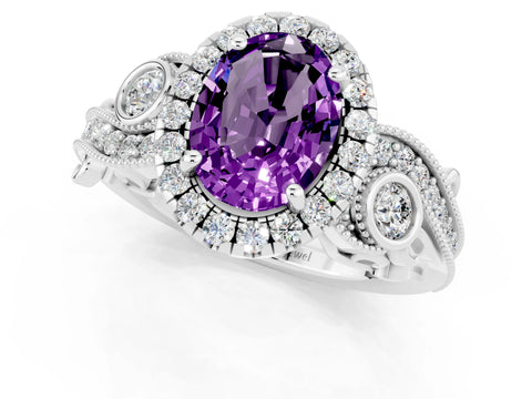 White gold Oval Cut Amethyst Halo Ring with Milgrain Pavé Band and Four-Prong Setting_13