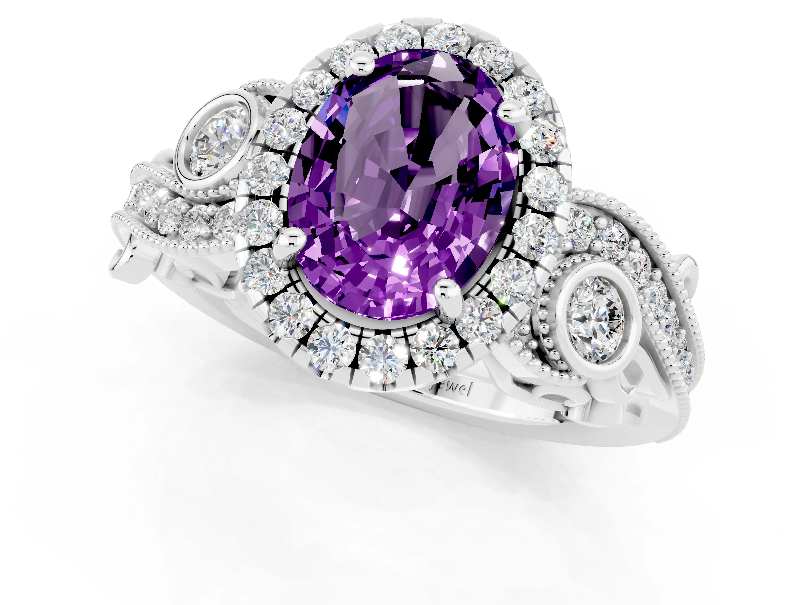 White gold Oval Cut Amethyst Halo Ring with Milgrain Pavé Band and Four-Prong Setting_13