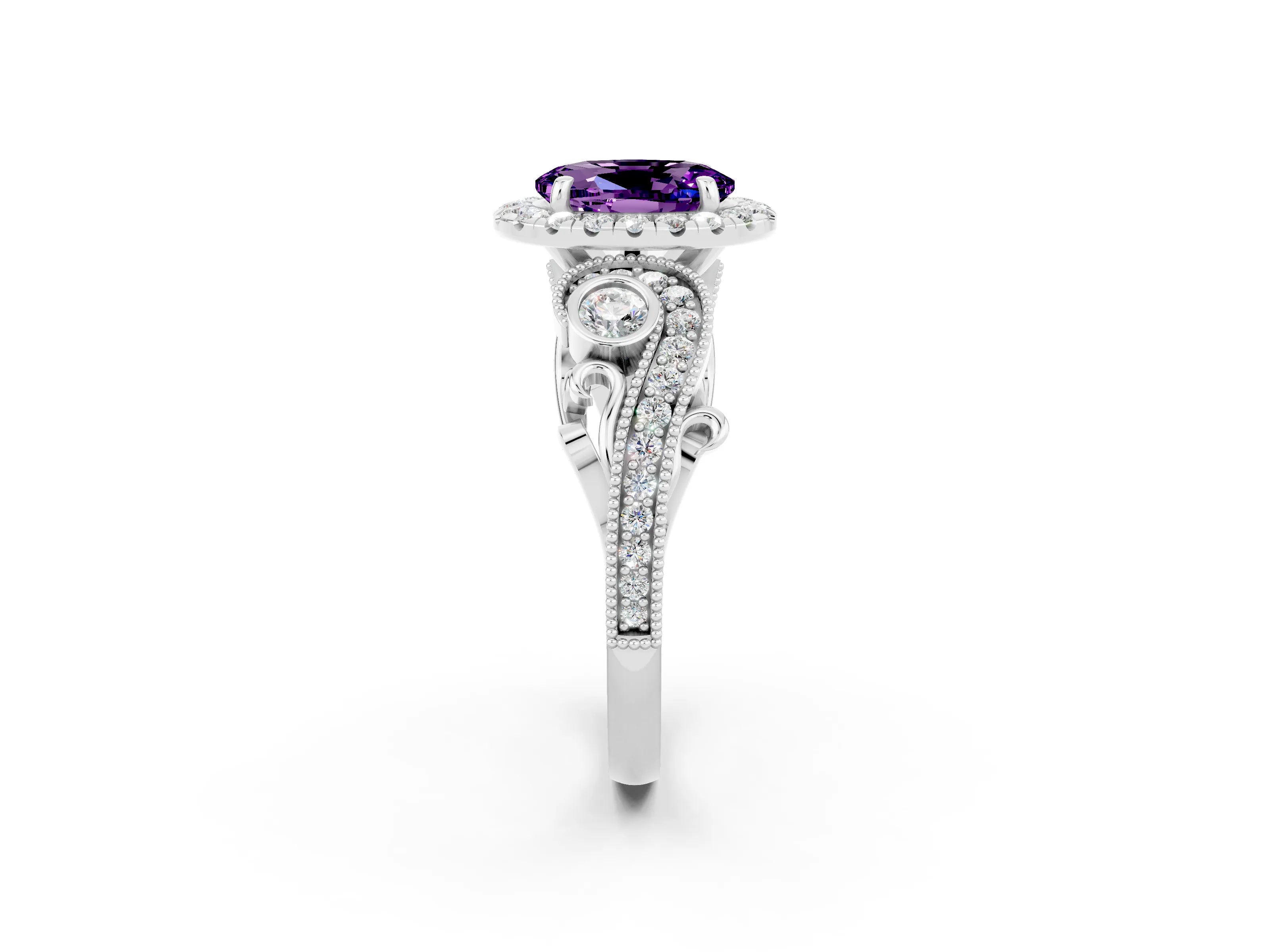 White gold Oval Cut Amethyst Halo Ring with Milgrain Pavé Band and Four-Prong Setting_14