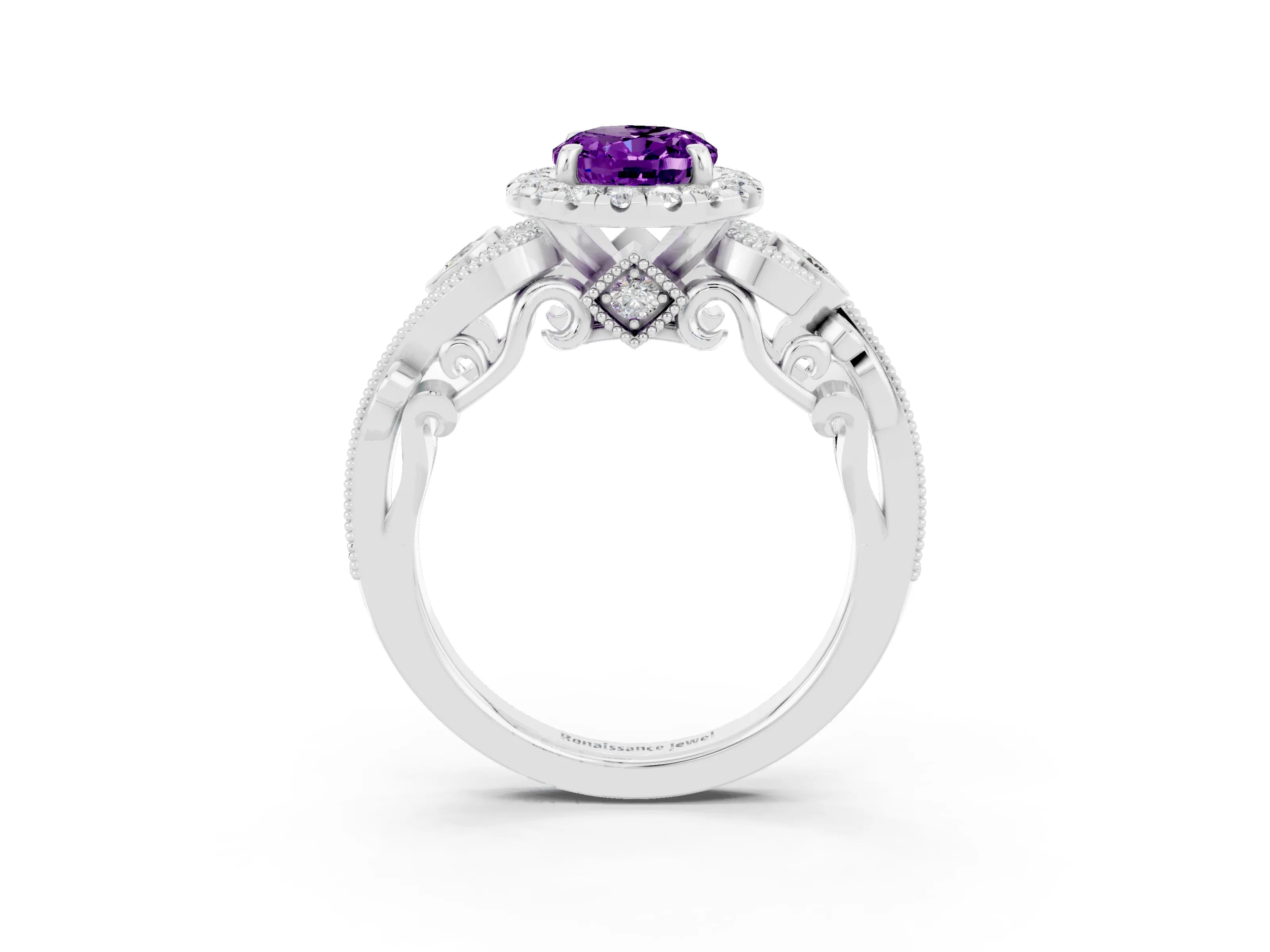 White gold Oval Cut Amethyst Halo Ring with Milgrain Pavé Band and Four-Prong Setting_15