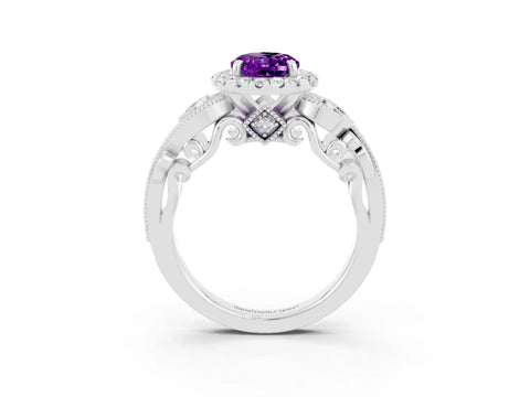 White gold Oval Cut Amethyst Halo Ring with Milgrain Pavé Band and Four-Prong Setting_15