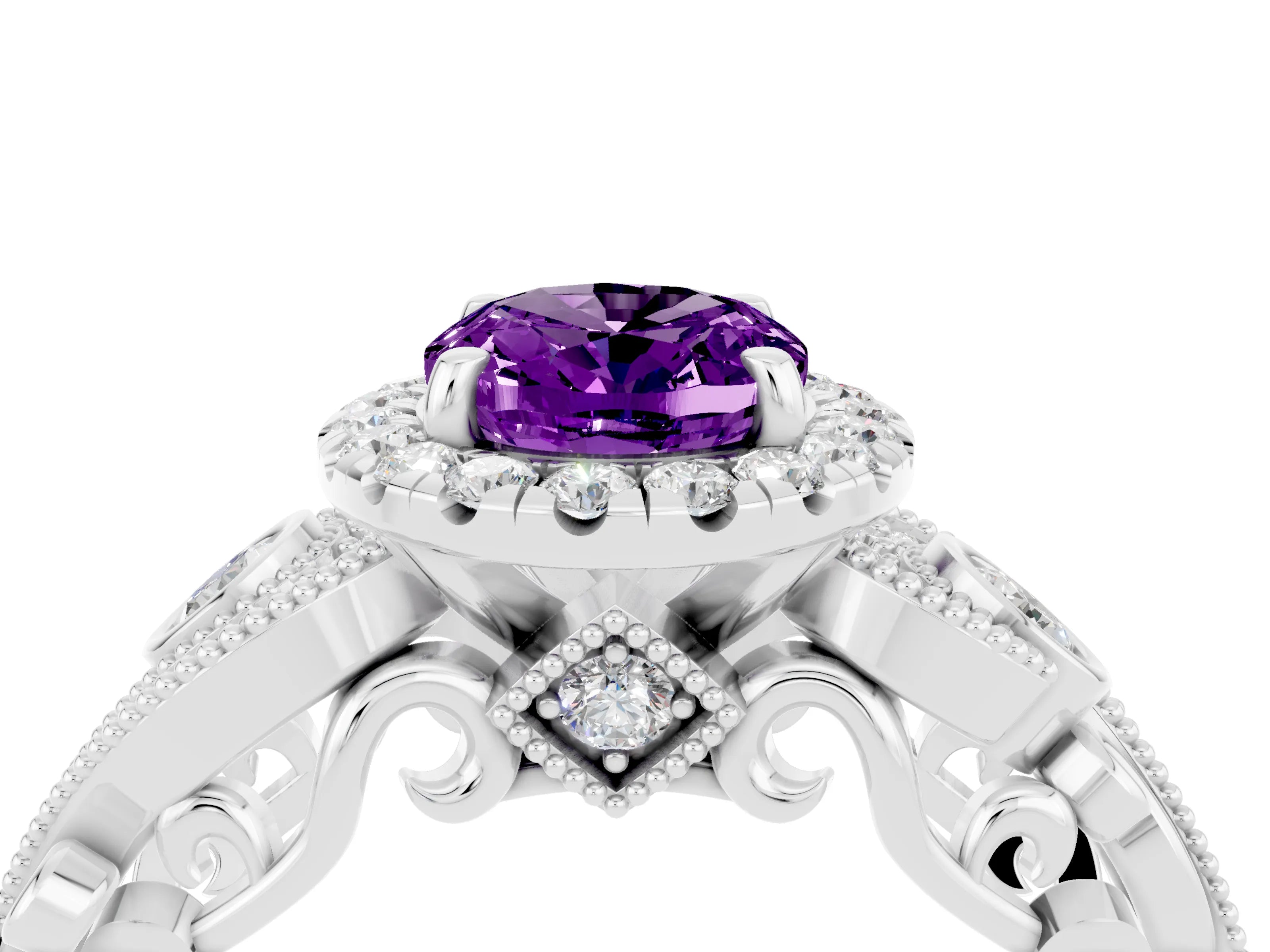 White gold Oval Cut Amethyst Halo Ring with Milgrain Pavé Band and Four-Prong Setting_16