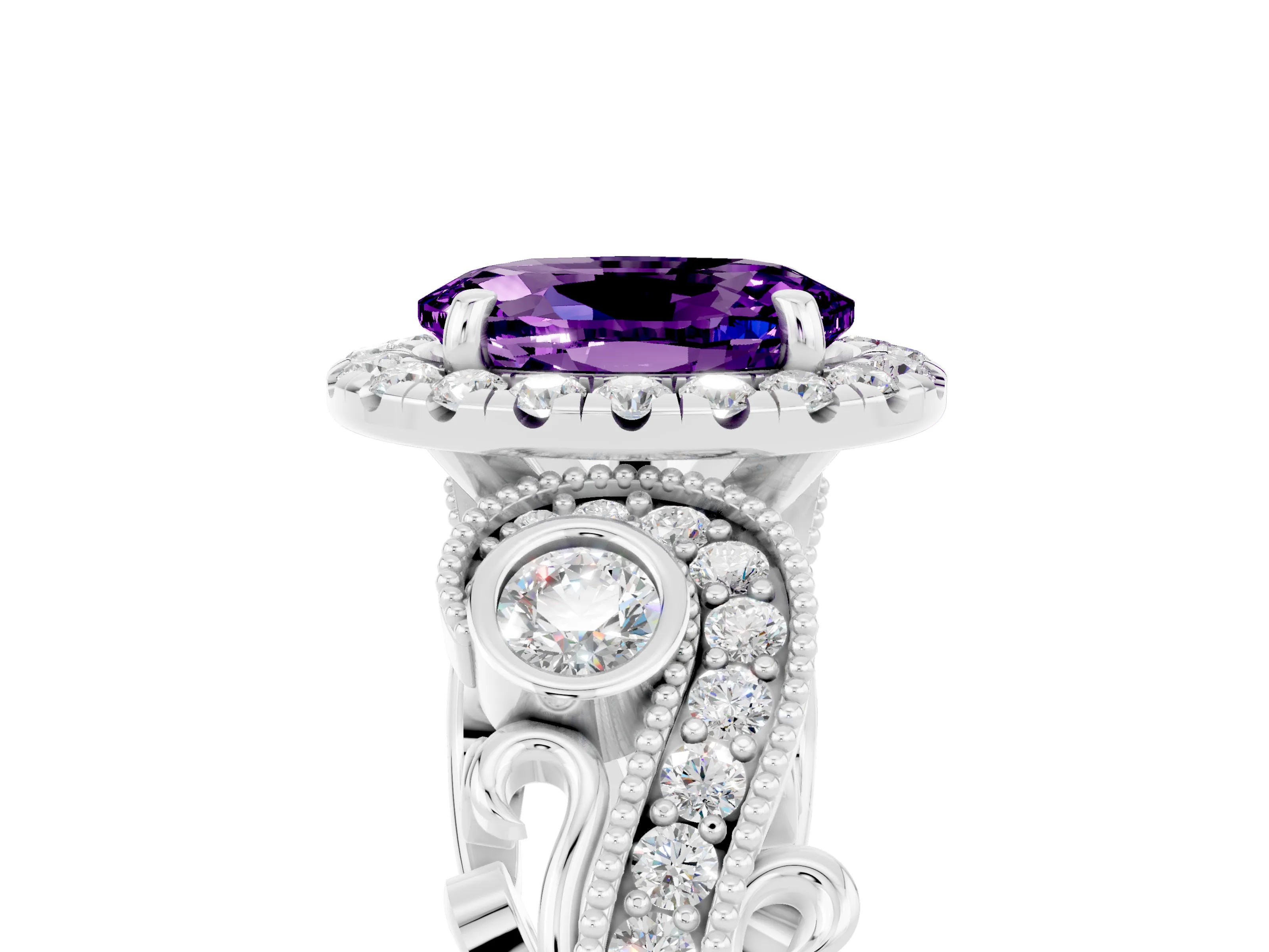 White gold Oval Cut Amethyst Halo Ring with Milgrain Pavé Band and Four-Prong Setting_17