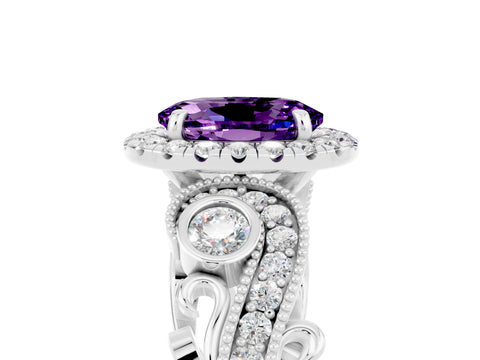 White gold Oval Cut Amethyst Halo Ring with Milgrain Pavé Band and Four-Prong Setting_17