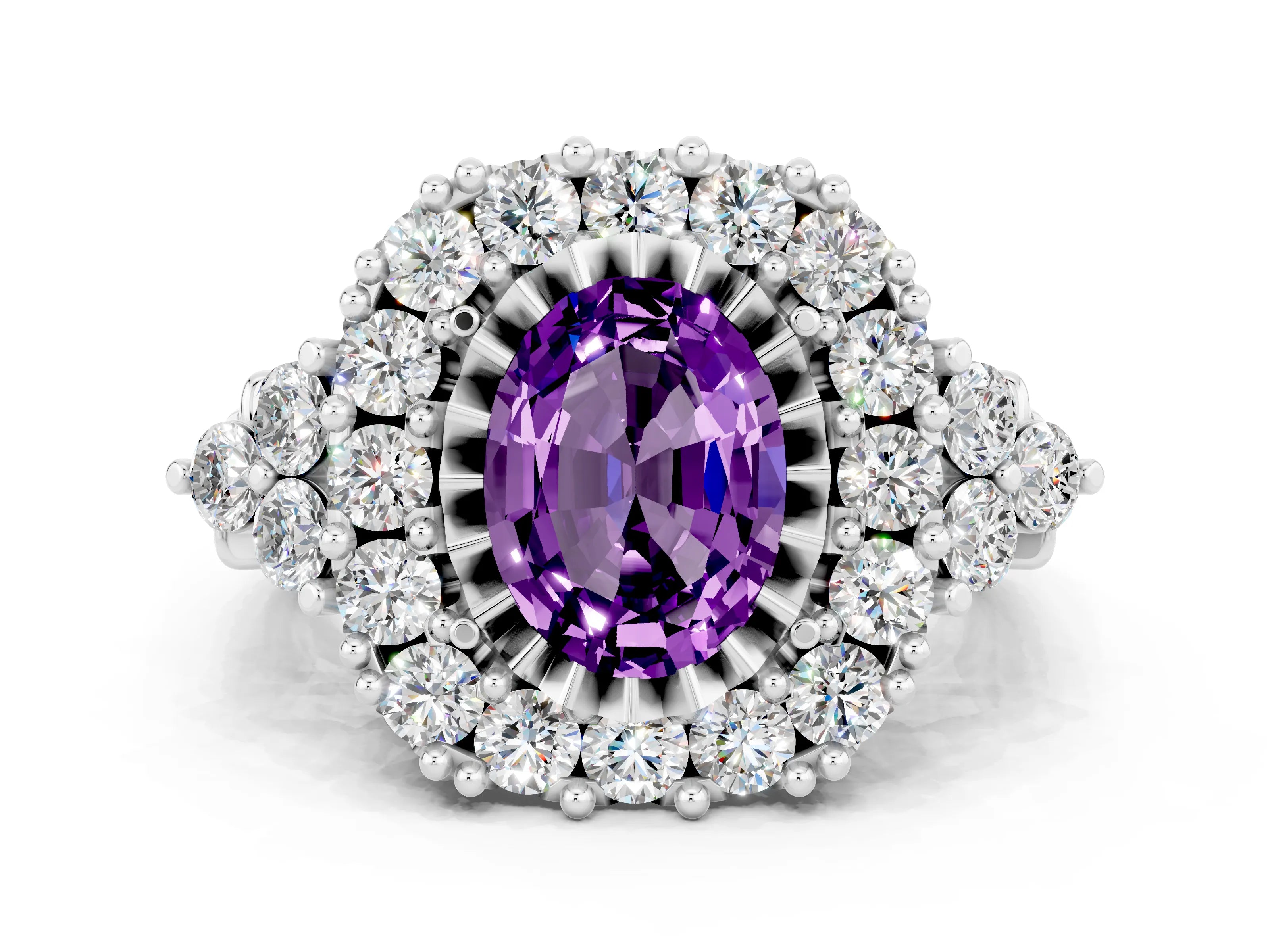 White gold Oval Cut Amethyst Halo Ring with Pavé Band and Four-Prong Setting_12