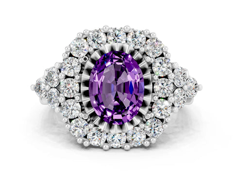 White gold Oval Cut Amethyst Halo Ring with Pavé Band and Four-Prong Setting_12