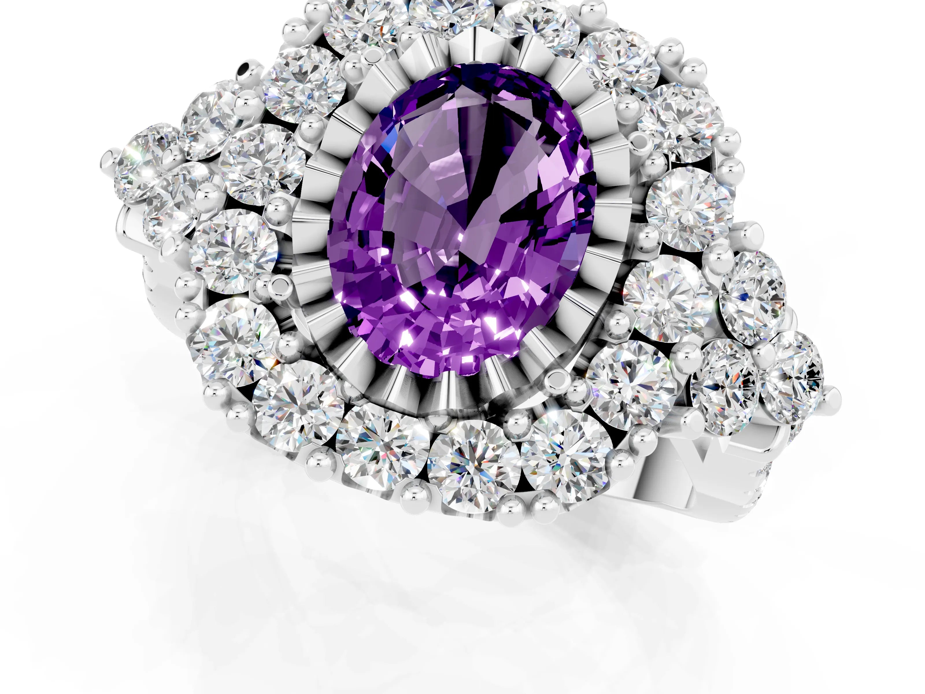 White gold Oval Cut Amethyst Halo Ring with Pavé Band and Four-Prong Setting_13