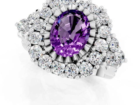 White gold Oval Cut Amethyst Halo Ring with Pavé Band and Four-Prong Setting_13