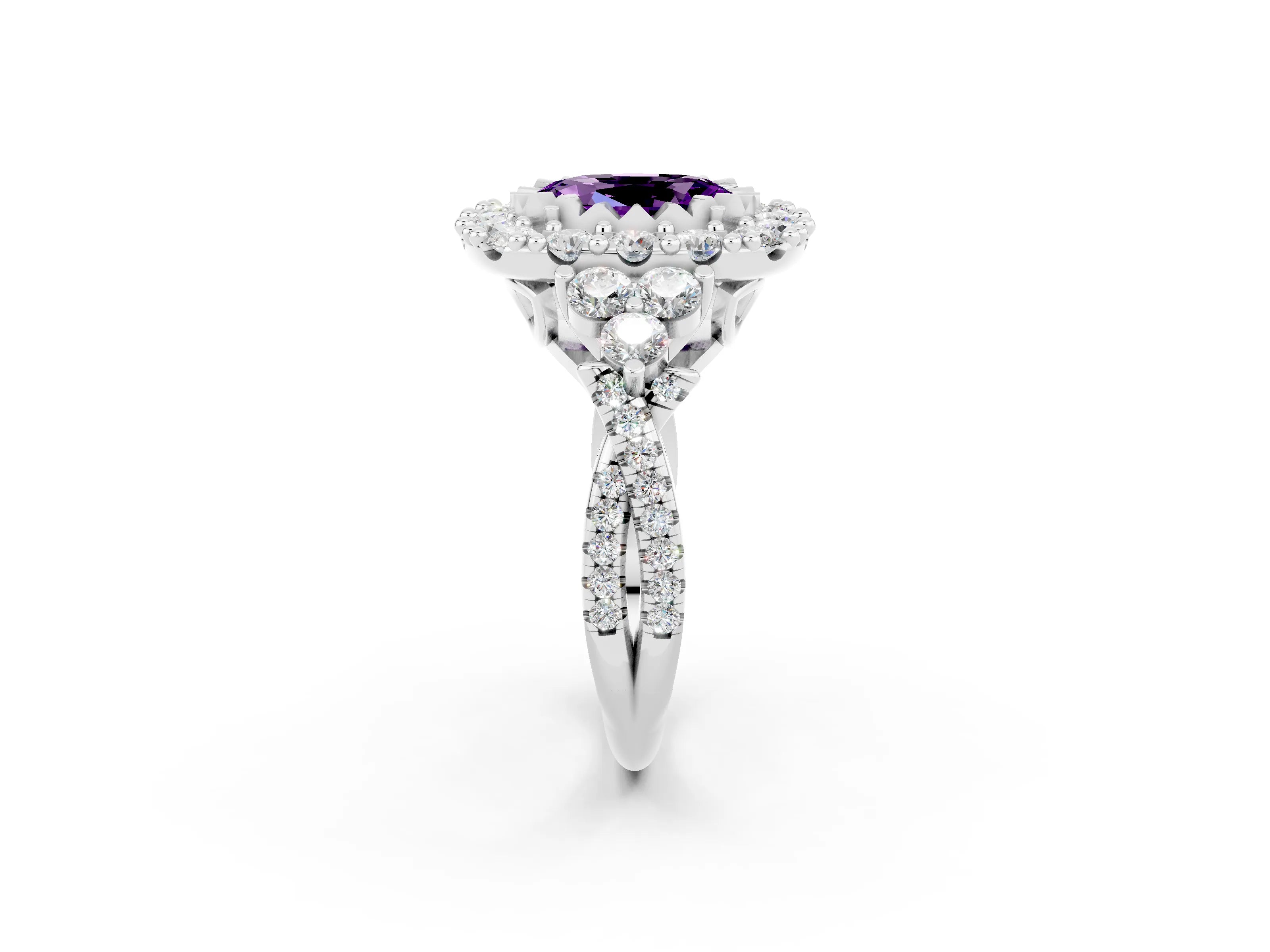 White gold Oval Cut Amethyst Halo Ring with Pavé Band and Four-Prong Setting_14