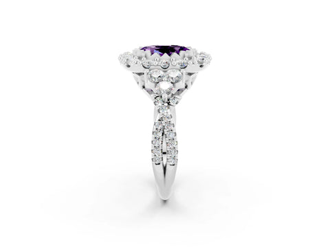 White gold Oval Cut Amethyst Halo Ring with Pavé Band and Four-Prong Setting_14